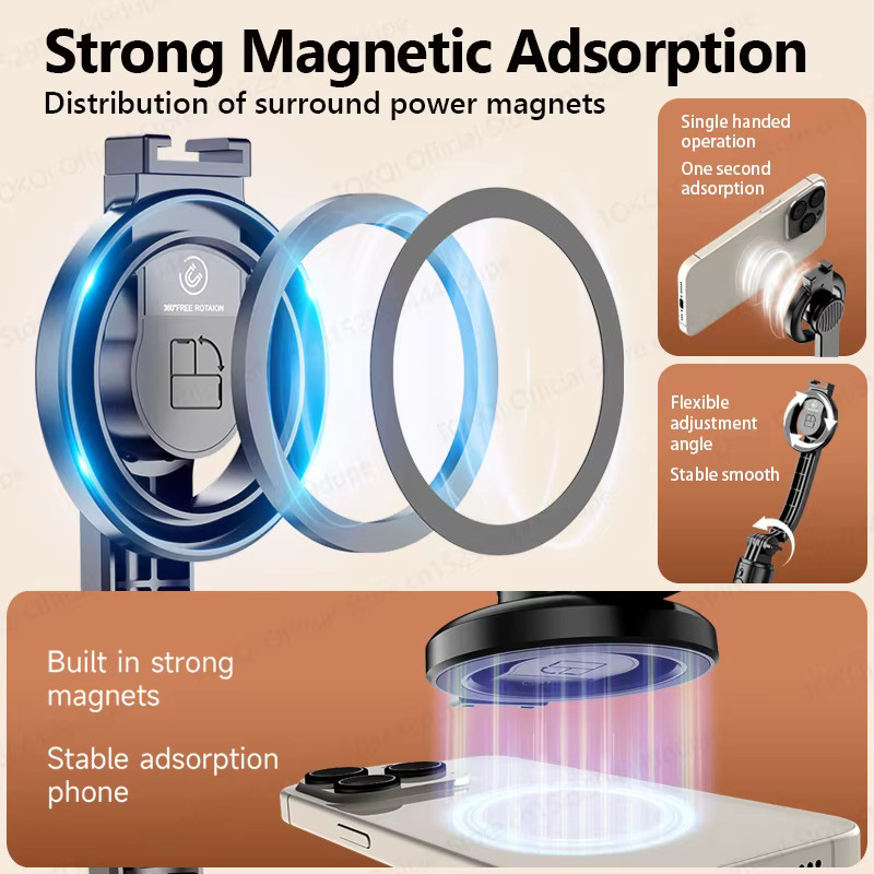 TOKQI Magnetischer Smartphone-Halter mit ausziehbarem Selfie-Stick und kabelloser Bluetooth-Fernbedienung in Schwarz - Bild 2