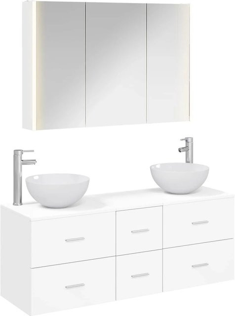 vidaXL Badezimmermöbel-Set 4-teilig in Weiß, modern mit LED-Beleuchtung, Spiegelschrank, Waschtischunterschrank und Seitenschrank aus Holz und Glas - Bild 1