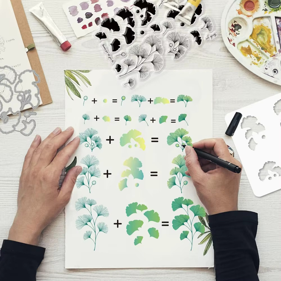 Ginkgo-Blätter Silikonstempel und Malschablonen Set für kreative Gestaltung - Bild 2