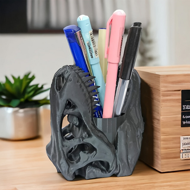 Dinosaurier-Totenkopf-Stifthalter in Schwarz aus Kunststoff als 3D-gedruckter Desktop-Organizer - Bild 1
