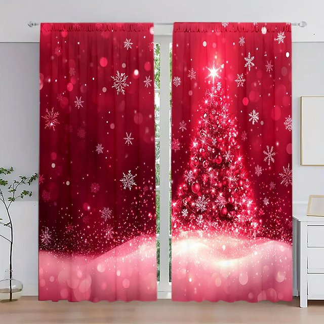 2er-Set Weihnachts Vorhänge mit Weihnachtsbaum-Aufdruck in Rot und Braun, halbtransparent mit Stangentasche, Breite: 52,5 cm, Höhe: 116 cm - Bild 1