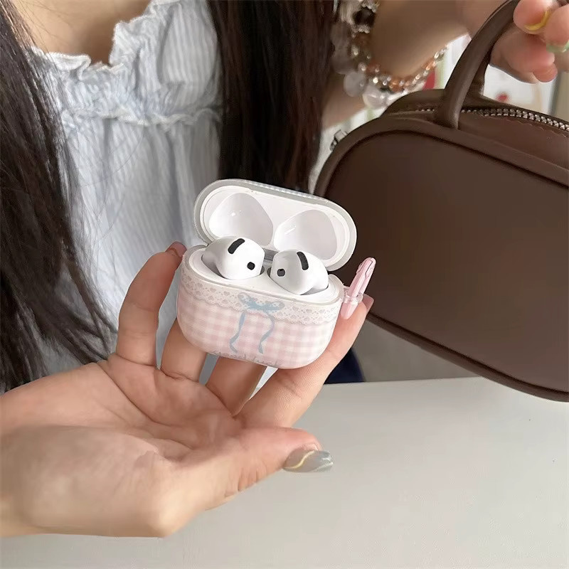 Mieditody Schutzhülle für AirPods 1 2 3 4 und AirPods Pro 2/3 mit kariertem Blumen-Schleifen-Muster und Haken in Kontrastfarben - Bild 3