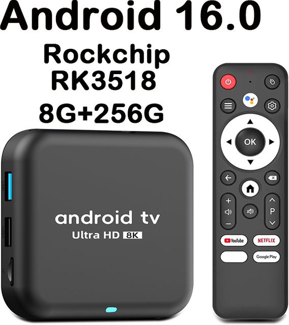 RK3518 Smart TV Box Android 16.0 Media Streamer in Schwarz mit 8K HDR10, Sprachsteuerung, WiFi 6, Bluetooth 5.4 und USB 3.0 für YouTube, Netflix und Google Play - Bild 1