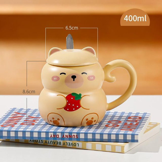 Niedrige Keramiktasse mit Tierform, Deckel und Löffel von Yiran Furniture, Gelb, 400 ml - Bild 1
