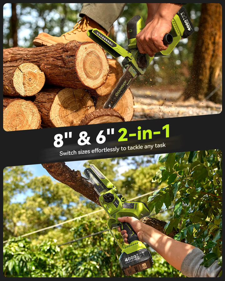 Supstable Akku-Kettensäge Set mit 1300W bürstenlosem Motor, 8 und 6 Zoll Elektrokettensäge für Garten und Holz, inklusive 2 Akkus mit 4,0Ah - Bild 6