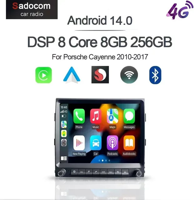 Sadocom Android 14.0 Multimedia-Navigationssystem mit Carplay, DSP, GPS und Wifi für Porsche Cayenne 955 957 958 (2011-2017), 8-Core, 8GB RAM, 256GB Speicher, Schwarz, 2 Din - Bild 1