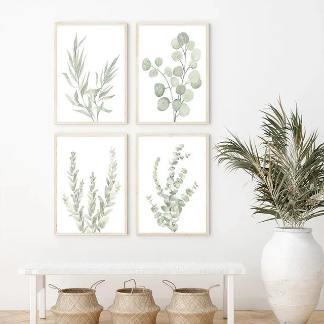 Potdemiel Wandkunst Poster Eukalyptusblätter in Salbeigrün, minimalistisches Aquarell-Leinwandgemälde mit botanischem Motiv - Bild 1