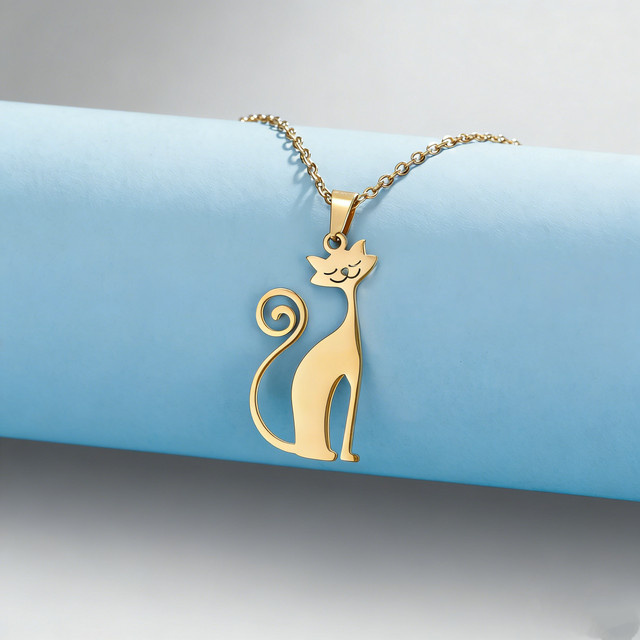 lemegeton Halskette mit Katzen-Anhänger, Edelstahl, Gold, Unisex - Bild 1