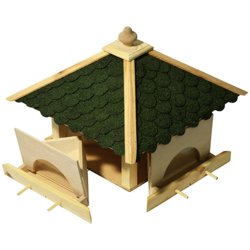 dobar Futterhaus für Wildvögel aus Kiefernholz mit grünen Bitumenschindeln, Anflugstangen und 4 Futterbehältern in Natur/Grün-Beige - Bild 6