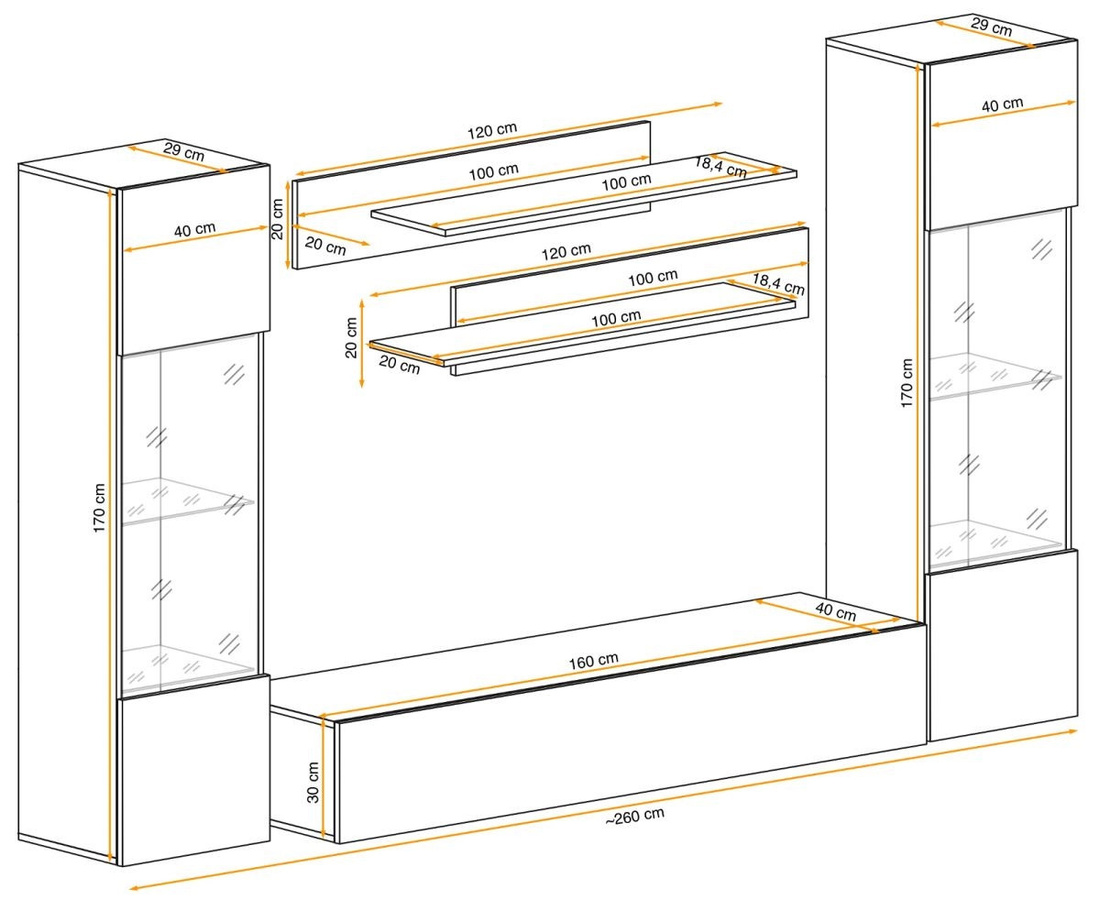 Wohnwand Option von Inn.Furn in Kaschmir Beige, 5-teiliges modernes Wohnzimmer-Set mit LED-Beleuchtung und Glasvitrine, Breite: 260 cm - Bild 6