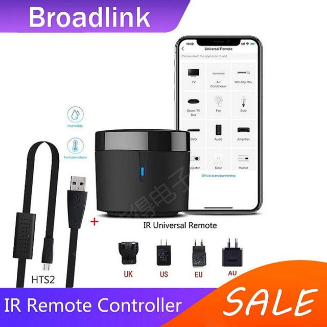 Broadlink RM4 MINI IR-Fernbedienung und HTS2 Temperatur- und Feuchtigkeitssensor Set in Schwarz für Klimaanlage, TV und Set-Top-Box, kompatibel mit Alexa - Bild 1