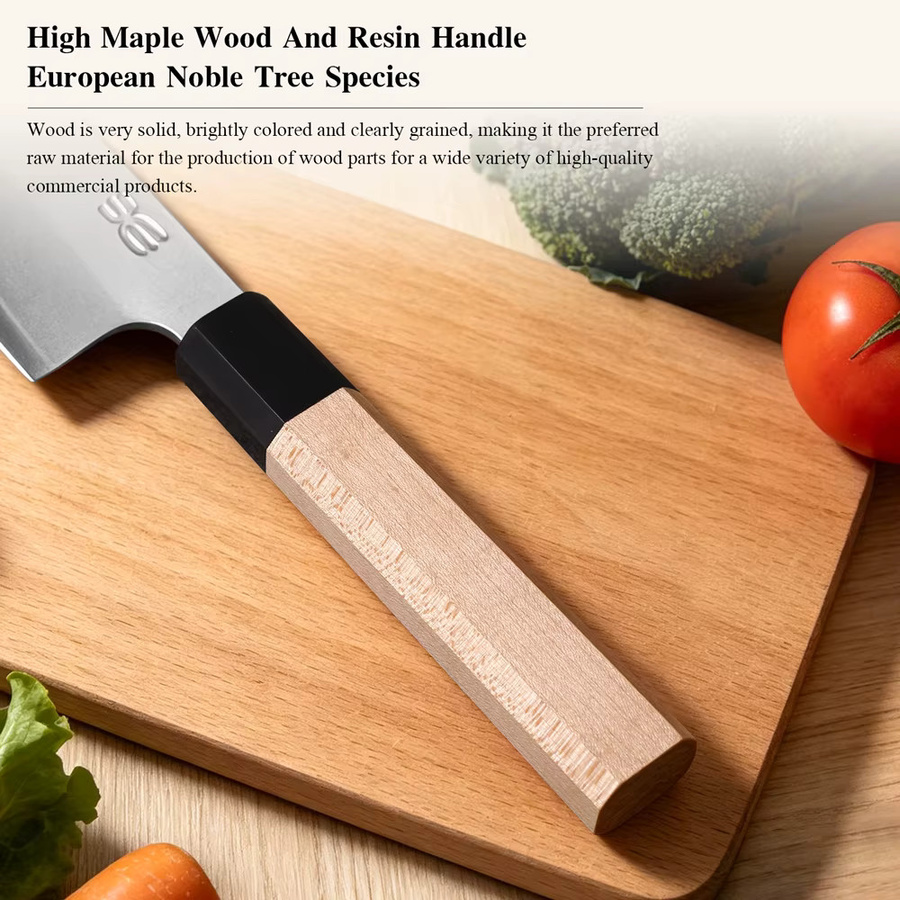 TURWHO Japanisches Küchenmesser-Set aus 3-Schicht-Verbundstahl in Silber mit Nakiri, Santoku und Allzweck-Kochmesser - Bild 4