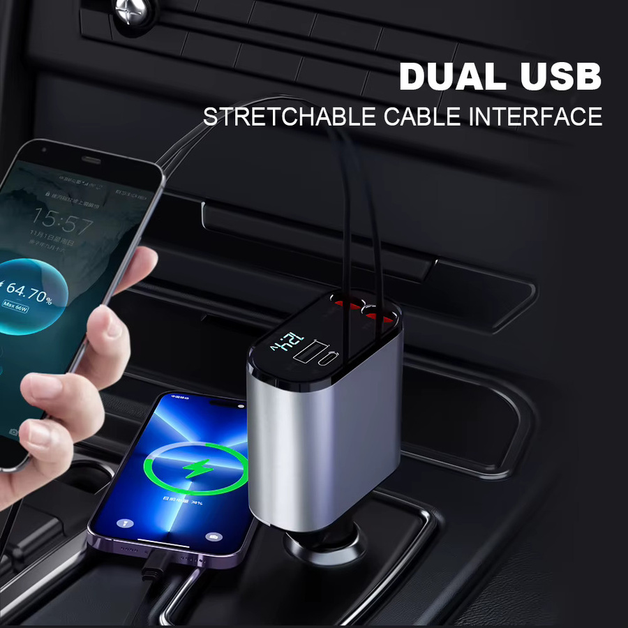 4 in 1 Einziehbares Auto Ladegerät mit 120W Schnellladefunktion, USB-C Kabel für iPhone, Huawei und Samsung, Zigarettenanzünder Adapter mit PD und QC 3.0 - Bild 2