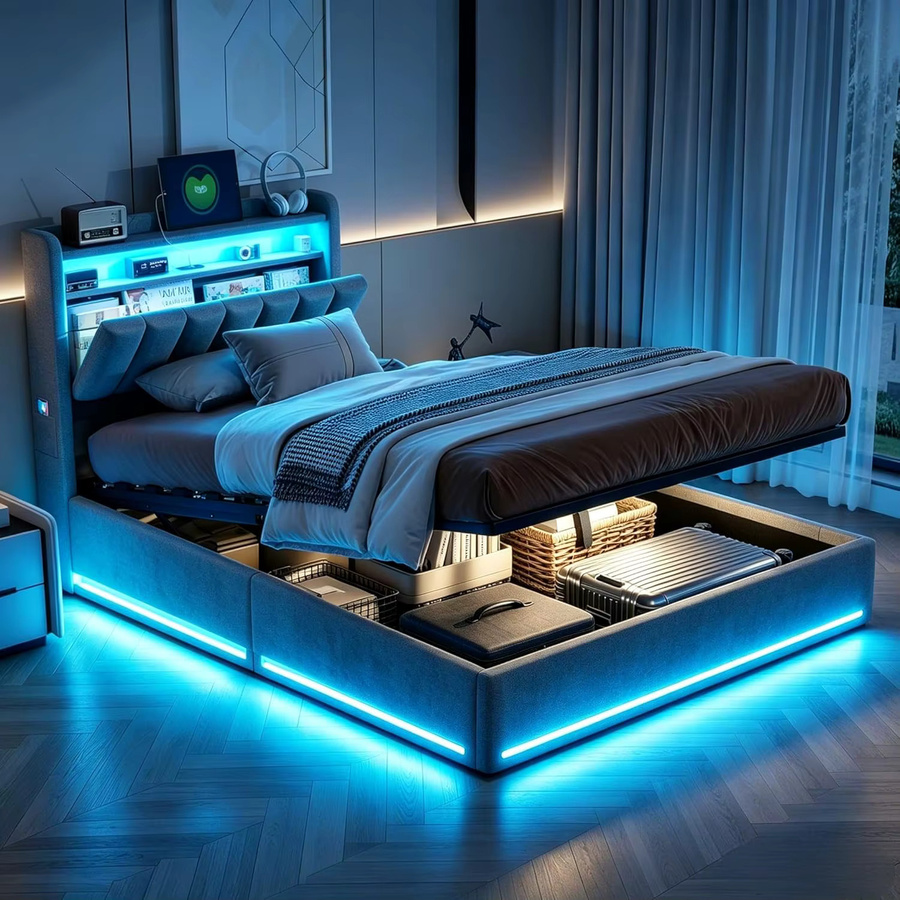 Simurq Polsterbett mit LED und Stauraum aus Samt, B/T: 140 x 200 cm, Grau - Bild 5