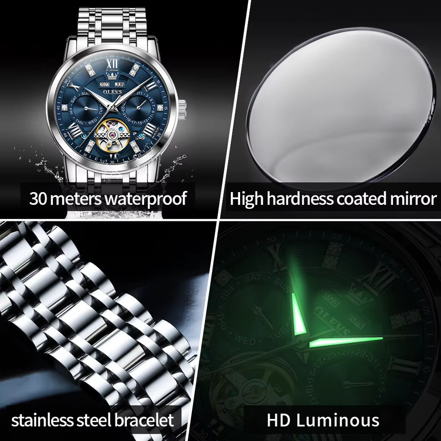 Olevs Armbanduhr Automatik, Skelett, Edelstahl, Herren, Blau, Silber - Bild 6