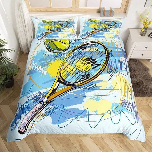Lodestar Bettwäsche-Set mit Tennisplatz-Print in Gelb und Blau, 3-teiliges Microfaser-Bettwäsche-Set mit Motiv Tennis-Sportgeräte, B/H: 210 x 210 cm - Bild 1