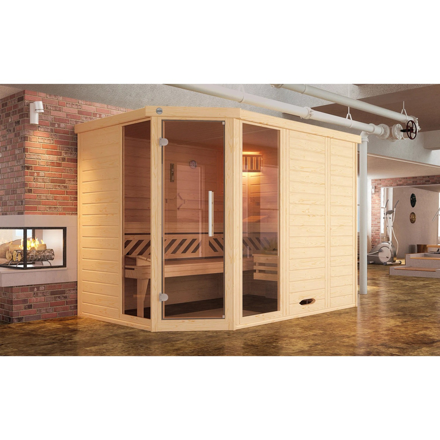 Weka Massivholzsauna Kemi Eck BioS mit Glastür und Fenster, Farbe Braun, B/T/H: 245 x 195 x 200 cm, inklusive 7,5 kW Sparset - Bild 2