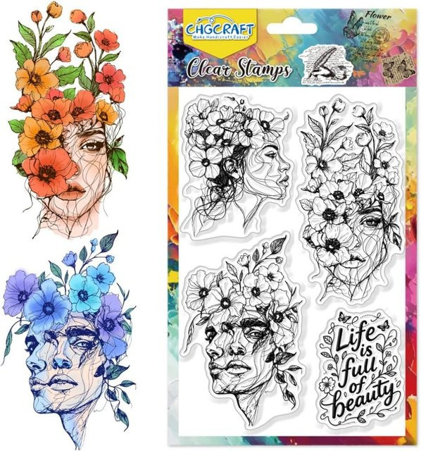 Transparenter Stempel mit Gesichtslinien und Blumenmuster für abstrakte Linien-Designs - Bild 1