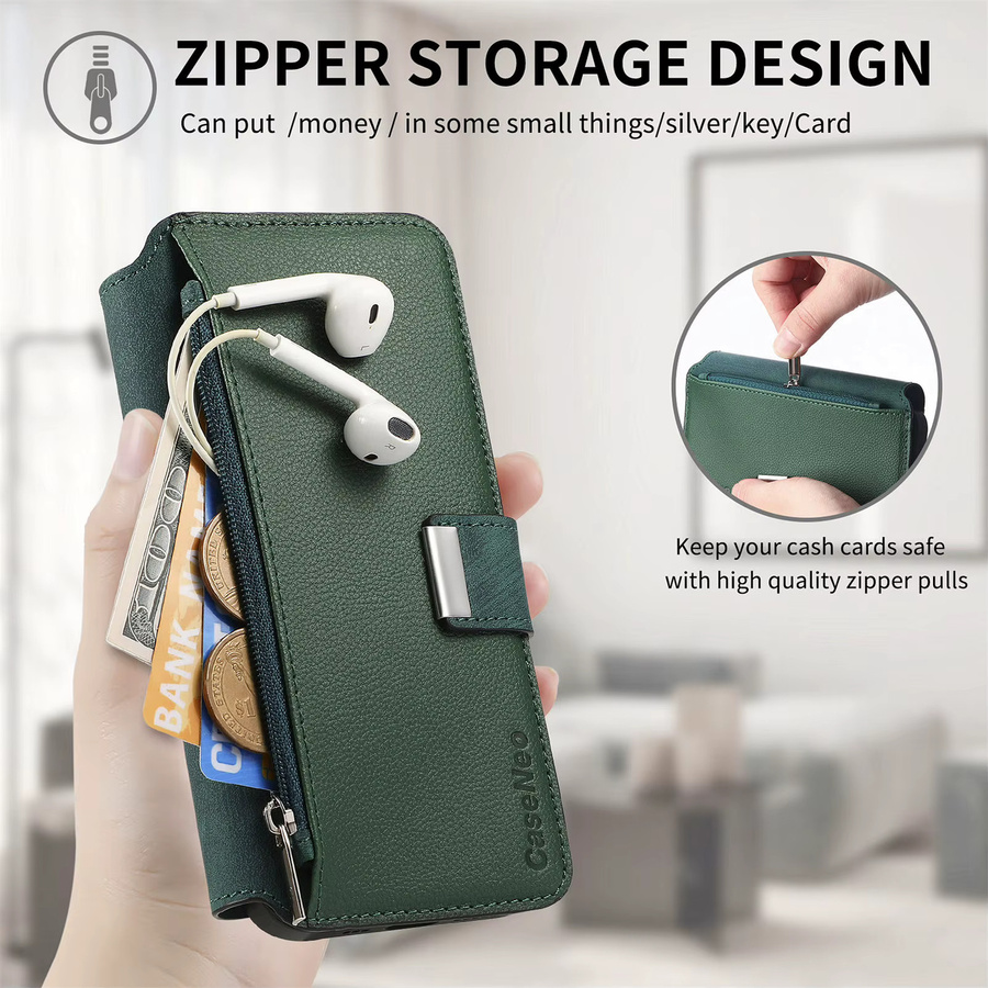 2-in-1 Magnetische Ledertasche mit abnehmbarem Reißverschluss-Kartenetui für Samsung Galaxy S25 S24 S23 Ultra Plus und A56 A26 A16 in Grün - Bild 6