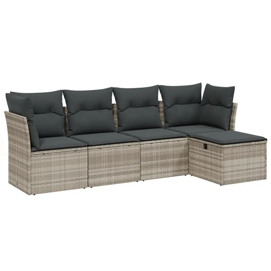 vidaXL 5-tlg. Garten-Sofagarnitur in L-Form mit Kissen und Ottoman, Hellgrau, Poly-Rattan mit Metallgestell - Bild 2