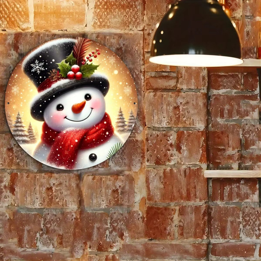 Potdemiel Rustikales Weihnachts-Schneemann-Kranzschild aus Eisen in Rot und Mehrfarbig mit Zylinder und burgunderfarbenem Schal, Durchmesser: 20 cm - Bild 5