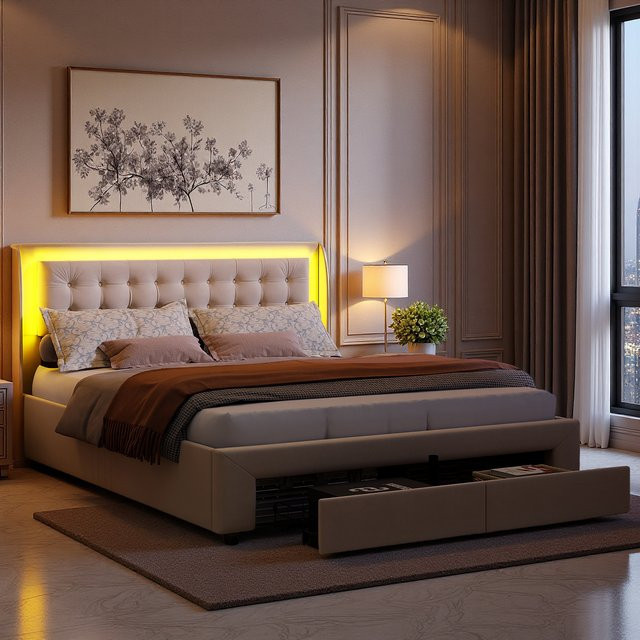 Anajqaqia Polsterbett aus Samt mit LED-Beleuchtung, USB-Ladefunktion und 2 Schubladen, Doppelbett mit hydraulischem Stauraum, Beige, B: 180 cm, T: 200 cm - Bild 1