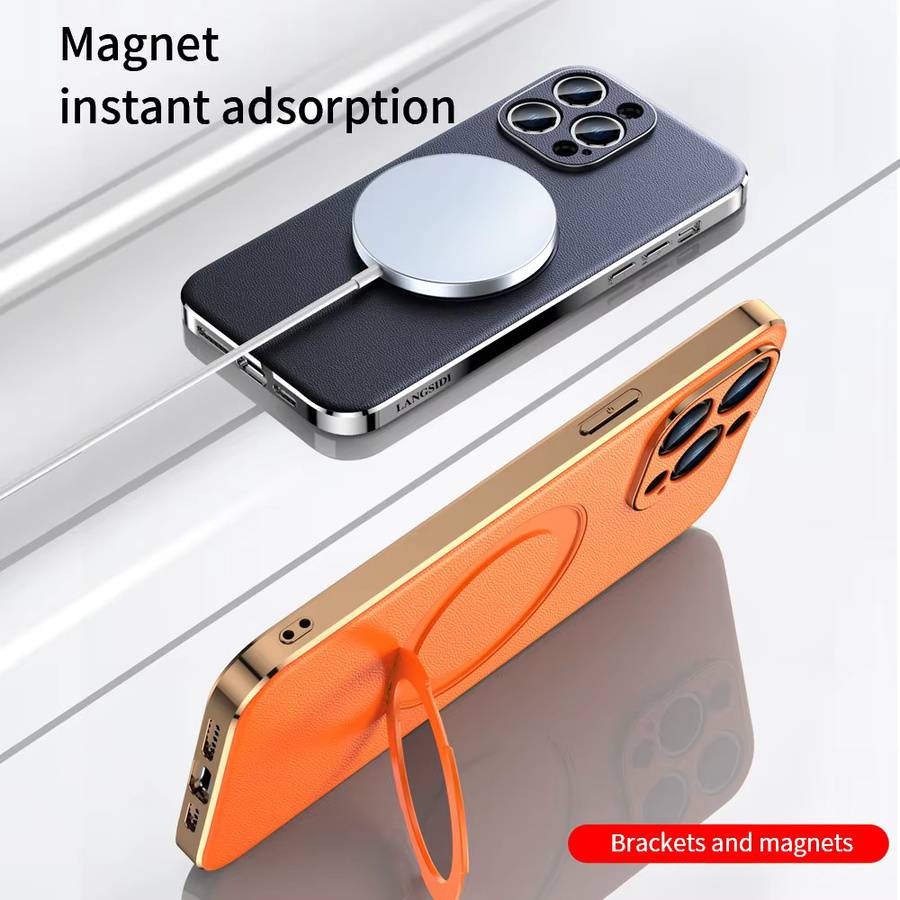 Langsidi Leder Magnetring Handyhülle für iPhone 16 15 14 13 12 Pro Max mit Rotationshalter und Linsenschutz in Grün - Bild 1