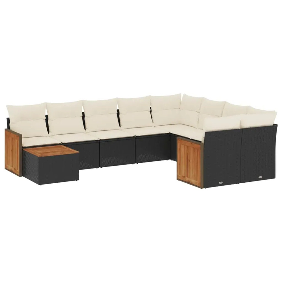 vidaXL 10-tlg. Garten-Sofagarnitur in L-Form aus Polyrattan und Akazienholz mit Kissen in Schwarz-Creme - Bild 2