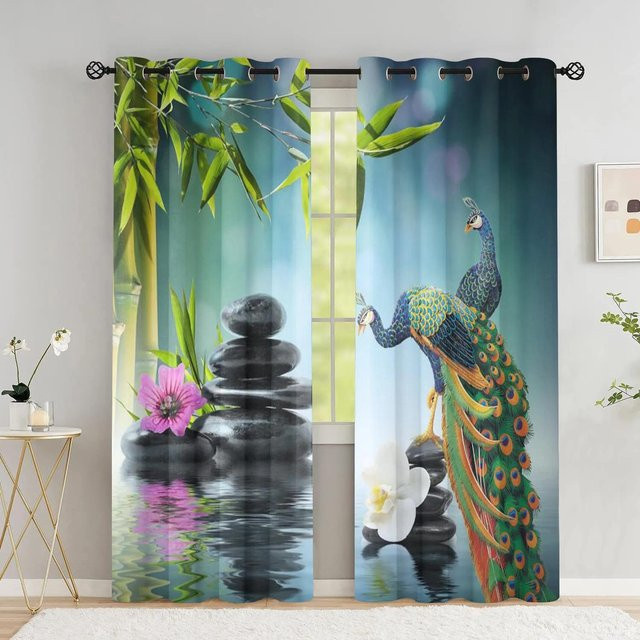 Yiran Furniture Verdunkelungsvorhang mit Pfau- und Blumenmotiv, Mehrfarbig, B: 55 cm, H: 120 cm - Bild 1