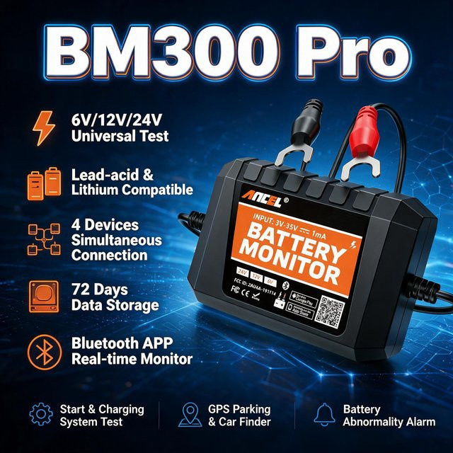 ANCEL BM300 Pro Batterie-Monitor 24V und 12V Batterietester mit SOC Batteriezustands-Analysator in Schwarz - Bild 1