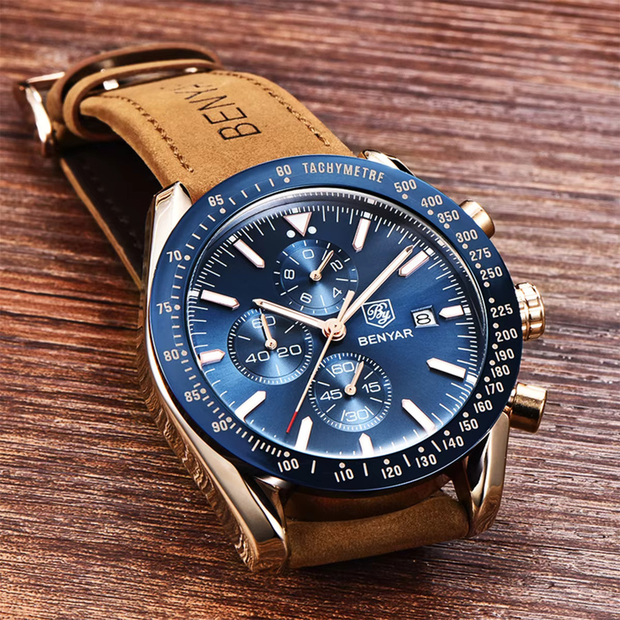 BENYAR Chronograph, Quarz, Blau, Leder, Herren - Bild 3