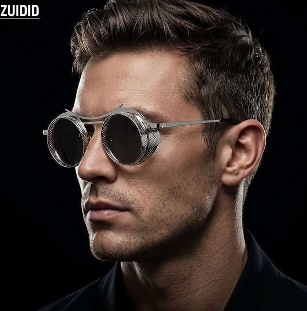 ZUIDID Steampunk-Sonnenbrille, Rundbrille, Metall, Vollrand, Herren, Silber - Bild 1
