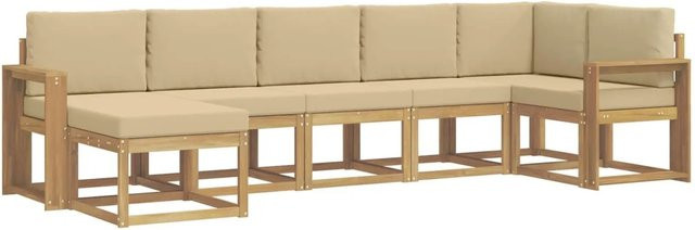 vidaXL Outdoor-Sofagarnitur 7-teilig in L-Form mit Kissen und Ottoman, Akazienholz und Polyester, Weiß und Beige - Bild 1