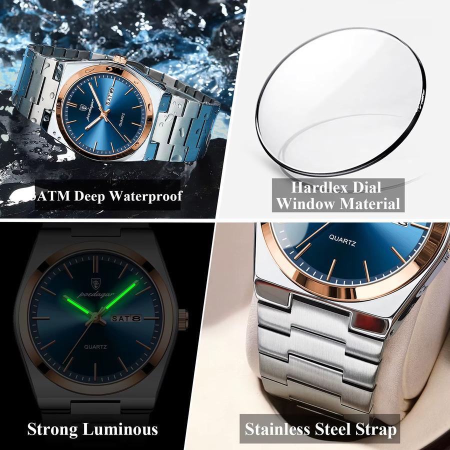 POEDAGAR Armbanduhr Edelstahl, Quarz, Blau, Silber, Herren - Bild 4