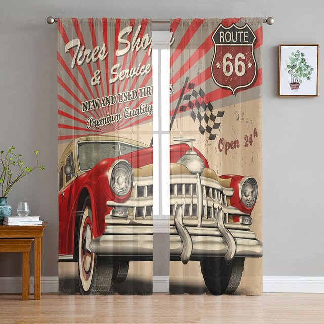 Transparente Vorhänge mit Auto Retro Poster Motiv in Braun, Tüll Voile Organza Fenstergardinen für Wohnzimmer und Küche, Breite: 135 cm, Höhe: 115 cm - Bild 1
