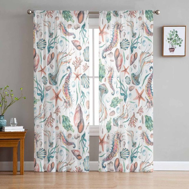 Sea Life Seestern Aquarell Transparente Vorhänge aus Tüll Voile Organza, Breite: 135 cm, Höhe: 115 cm - Bild 1