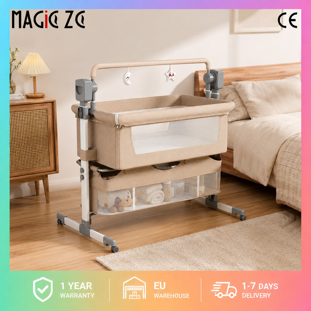 MAGIC ZC Elektrische 3-in-1 Babywiege mit 5-stufiger intelligenter Wiegefunktion, Tragbares Co-Sleeper Beistellbett mit verstellbarer Höhe und Rollen, Beige - Bild 1