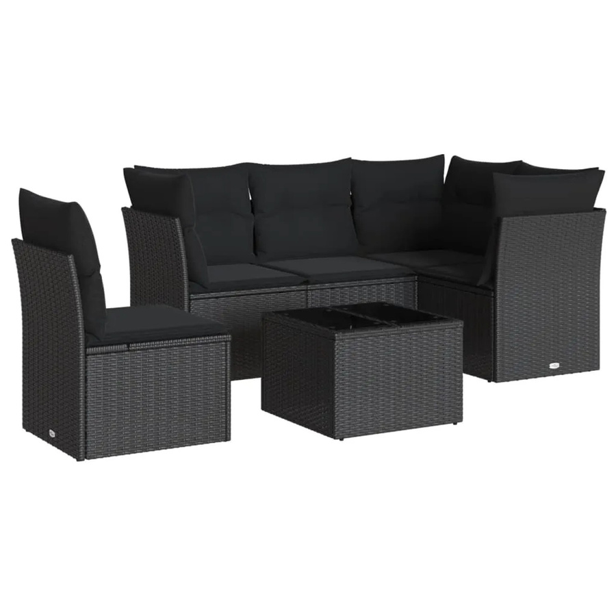 vidaXL 6-tlg Garten-Sofagarnitur in L-Form mit Kissen und Couchtisch, Schwarz, Poly Rattan und Metallrahmen - Bild 2