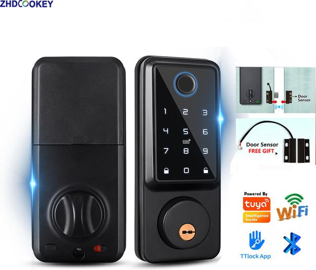 ZhdCookey Smart Schloss Schwarz mit App-Steuerung, Fingerabdruck, Passwort und IC-Kartenschlüssel via TTlock oder Tuya Wifi für bis zu 100 Benutzer - Bild 1