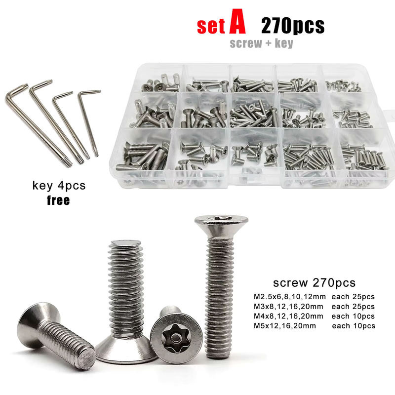 SCREWHOME Torx Flachsenkkopf Schraubenset mit Stift zur Diebstahlsicherung aus A2-70 Edelstahl in Silber, Mix-Größen M2.5 M3 M4 M5 - Bild 2