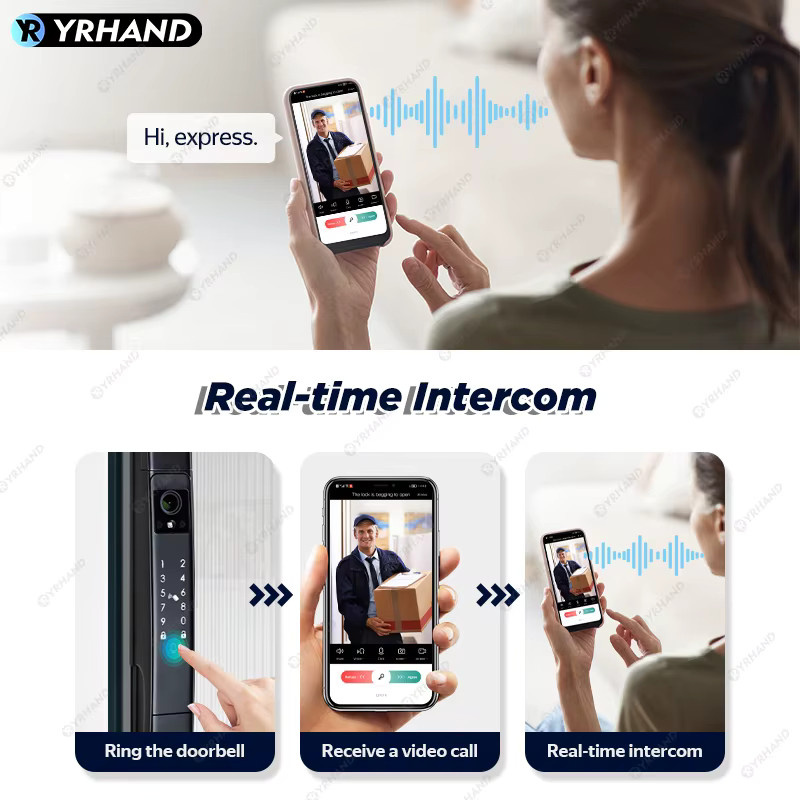 YRHAND Tuya WiFi Elektronisches Digitales Schiebetürschloss mit 3D-Gesichtserkennung, Visuelles Intercom und Wasserdichtigkeit, Farbe: Schwarz - Bild 3