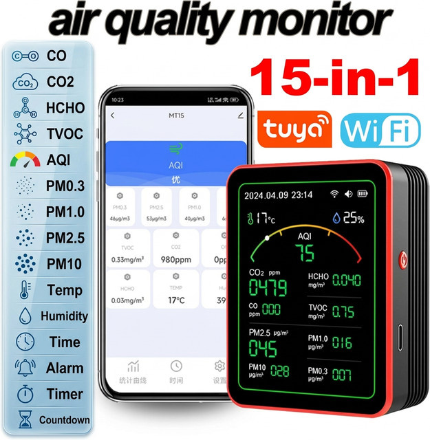 Tuya WiFi Luftqualitätsmonitor 15 in 1 mit App-Steuerung als Gasdetektor und AQI Messgerät für PM2.5 PM10 PM0.3 TVOC HCHO CO CO2 in Weiß oder Schwarz - Bild 1