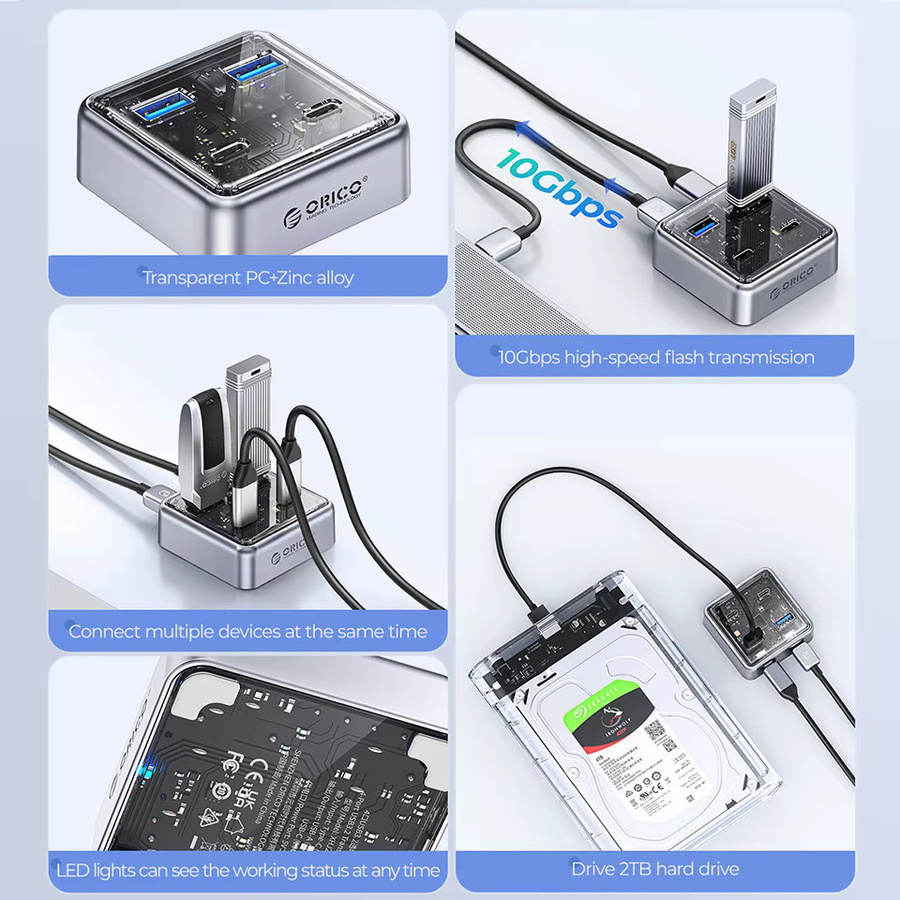 ORICO USB 3.2 Hub Multi 4 Port Docking Station mit USB-A und USB-C Slots, 10 Gbit/s, Silber - Bild 2