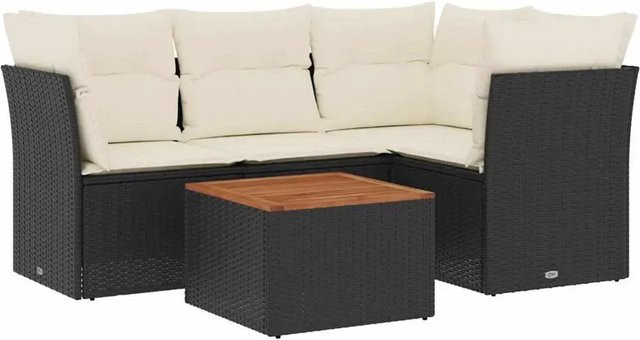 vidaXL 5-teilige Garten-Sofagarnitur in L-Form aus Poly-Rattan und Akazienholz mit Kissen in Schwarz-Creme - Bild 1