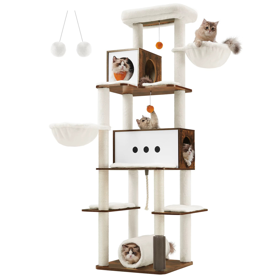 Feandrea Kratzbaum XXL in Braun und Weiß, moderner Katzenbaum mit 2 Höhlen und 2 Liegemulden, Höhe: 197 cm - Bild 2