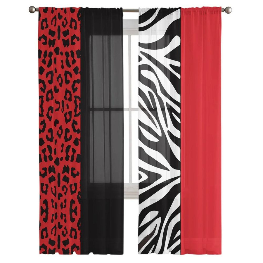 Yiran Furniture Transparentes Tüll-Fensterdekoration mit Zebra-Leopard-Print in Rot und Schwarz, Organza-Vorhang mit Ösen, Breite: 135 cm, Höhe: 115 cm - Bild 3