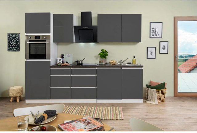 Respekta Küchenzeile modern in Grau und Weiß Hochglanz mit Granit-Optik, Breite: 280 cm, Tiefe: 60 cm, Höhe: 220,5 cm - Bild 1