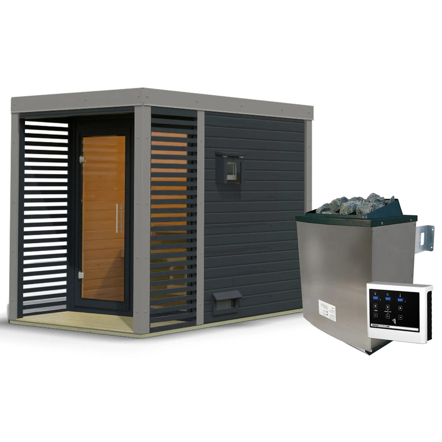 Karibu Saunahaus Seros Blockbau aus Fichte und Espe mit 9 kW externem Ofen in Anthrazit und Graualuminium - Bild 2