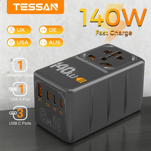 TESSAN GaN Universal-Reiseadapter 140W mit USB-C Anschluss, internationaler Steckeradapter für EU UK USA AUS, Schwarz - Bild 1