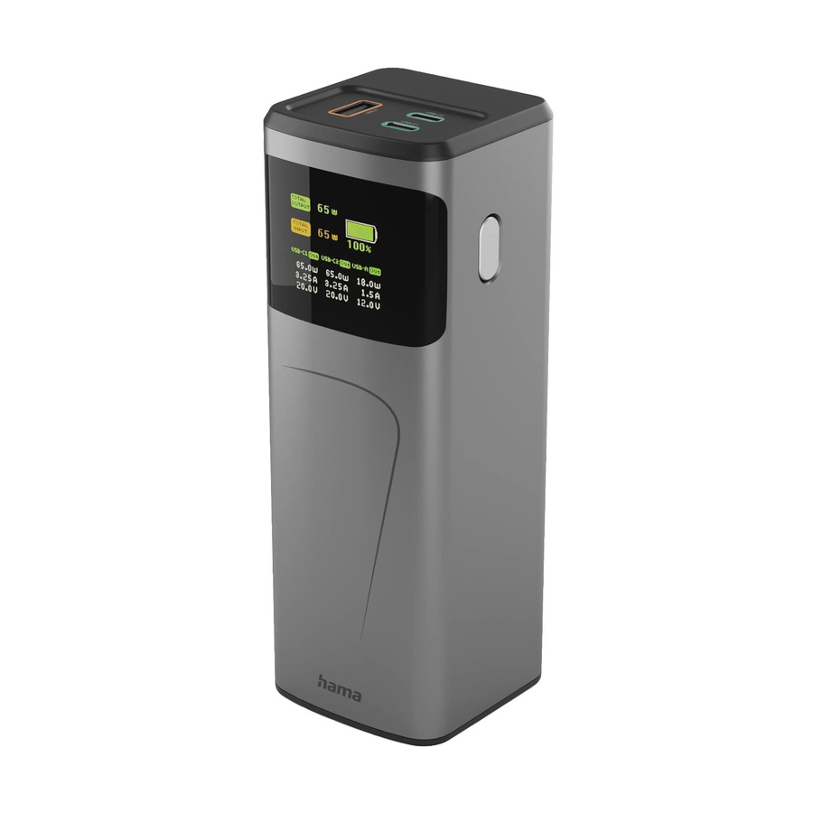 Hama Power Pack High Power 20.000 mAh Powerbank mit 65 W Schnellladen, 2 x USB-C und USB-A, Grau - Bild 1